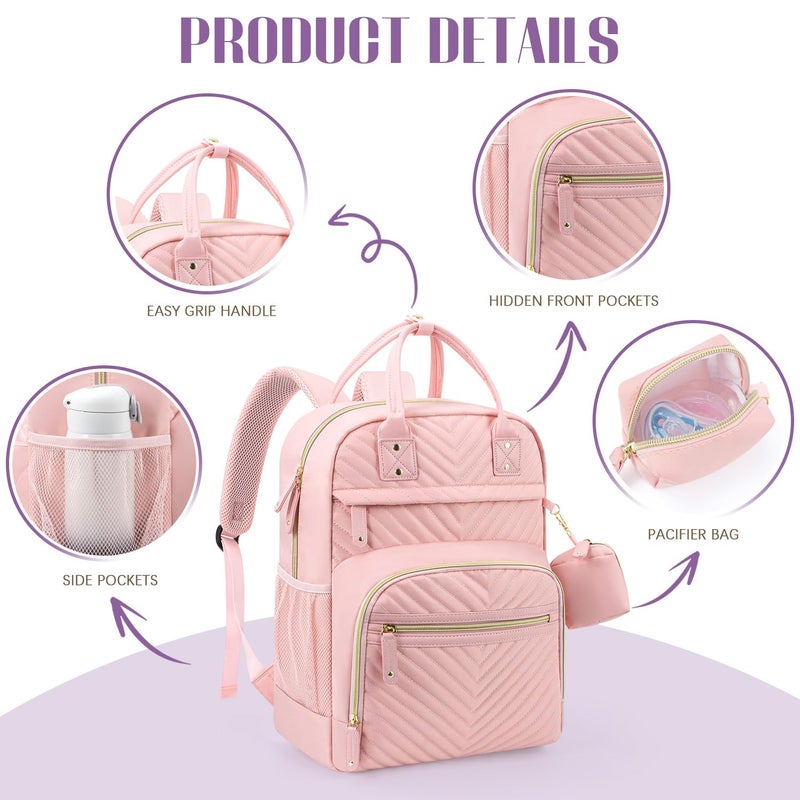 Tuwubi Diaper Bag Backpack, Baby Essentials Travel Tote Bag, Multi function Waterproof Backpacks, Travel Essentials with Stroller Straps & Pacifier Case - Light Pink - Image 4